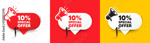 10 percent discount offer tag. Speech bubble with megaphone and woman silhouette. Sale price promo sign. Special offer symbol. Discount chat speech message. Woman with megaphone. Vector