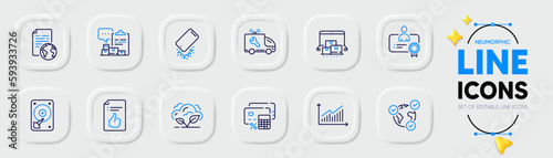 Approved document, Internet document and Graph line icons for web app. Pack of Money calculator, Smartphone broken, Co2 gas pictogram icons. Online voting, Car service, Inventory report signs. Vector