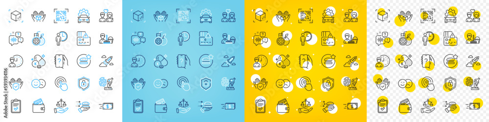 Vector icons set of Hold box, Checklist and Qr code line icons pack for web with Fingerprint research, Cleaning service, Couple love outline icon. Orange juice, Startup rocket. Vector