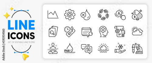 Brain working, Yoga and Freezing line icons set for app include Sunset, Microscope, Inspect outline thin icon. Ab testing, 5g internet, No waterproof pictogram icon. Settings blueprint. Vector