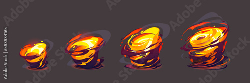Vfx tornado storm sprite animation effect for game cartoon vector. Isolated vortex wind ui frame for magic energy power. Magician fire flame disaster funnel motion. Spritesheet asset for mobile gui