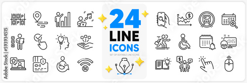 Icons set of Online rating, 5g wifi and Product knowledge line icons pack for app with Checkbox, Teamwork, Consolidation thin outline icon. Medical calendar, Dollar rate, Card pictogram. Vector