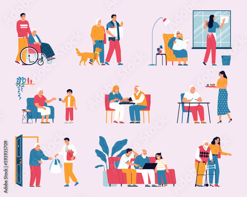 Elderly People Help Color Set
