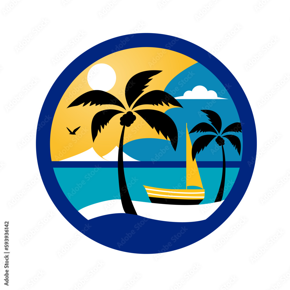Summer beach illustration, abstract sun and palm tree on seaside. Vector logo design template.