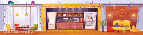 Cartoon office party background design. Vector illustration of panoramic company room with kitchen and lounge area decorated with colorful flags, confetti, balloons, gift boxes. Corporate celebration