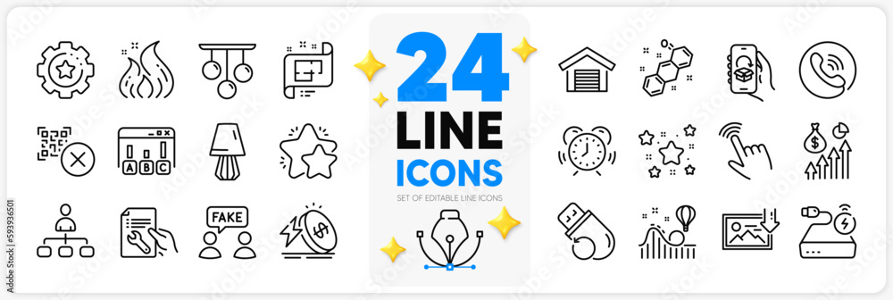 Icons set of Repair document, Time management and Salary line icons pack for app with Chemical formula, Roller coaster, Star thin outline icon. Fire energy, Architectural plan. Vector