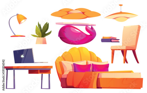 Girl bedroom with bed, coffee table with pink whale, chair and desk with laptop. Teenage modern room interior with furniture in groovy style, vector cartoon illustration