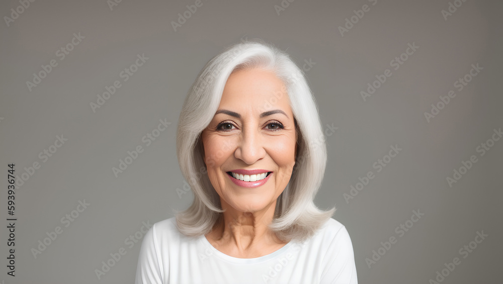 Portrait of beautiful Arab woman with grey hair on grey isolated background. Generative AI Portrait of beautiful Arab woman with grey hair on grey isolated background. Generative AI