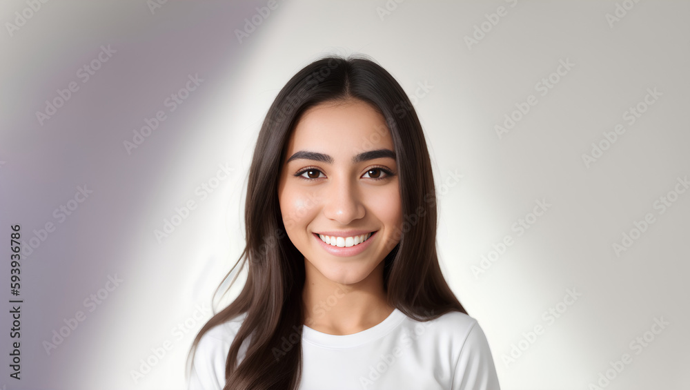 Young teen girl on grey isolated background with long straight brown hair. Generative AI Young teen girl on grey isolated background with long straight brown hair. Generative AI