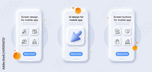 Yummy smile, Add gift and Sunscreen line icons pack. 3d phone mockups with cursor. Glass smartphone screen. Love document, Backpack, Creative idea web icon. Sale gift, Mattress pictogram. Vector