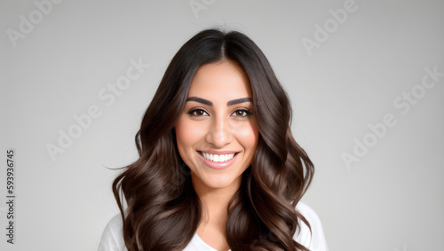 Arab woman Portrait with long dark brown hair and grey isolated background. Generative AI © Dawid