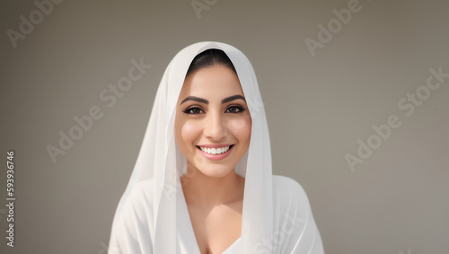 Muslim woman in burka with smile, standing on grey isolated background. Copy space. Generative AI photo