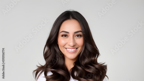 Beautiful brown haired with stylish long hairstyle. Arab woman with a wavy hair. Beautiful young woman with natural makeup portrait. Generative AI
