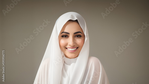 Portrait of Arabian Muslim woman in white hijab smiling. Grey isolated background. Generative AI © Dawid