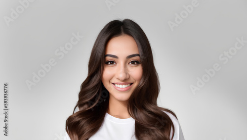 Arab young girl portrait with long dark brown hair and grey isolated background. Generative AI