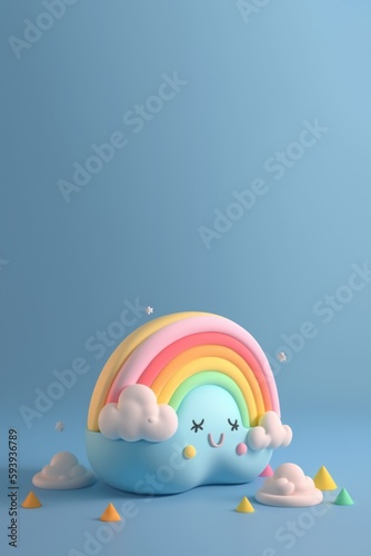 Cute rainbow with clouds in 3d style. Isolated on blue background. Children s Day concept. AI-Generated.