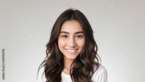 Arab young girl portrait with long dark brown hair and grey isolated background. Generative AI