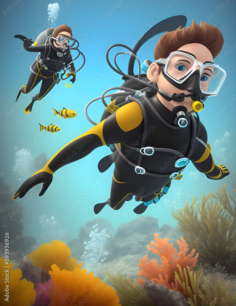 illustration of character scuba diver swimming in the ocean - travel and underwater activity (Generative AI) illustration of character scuba diver swimming in the ocean - travel and underwater activity (Generative AI)