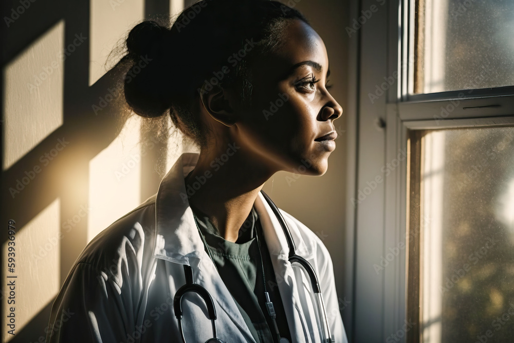 Φωτογραφία Portrait of female doctor standing by the window in clinic, generative ai