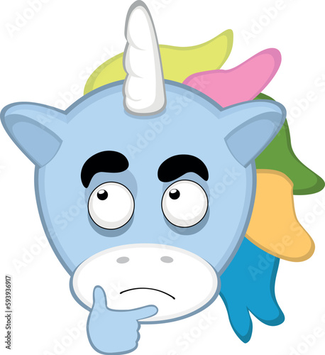 vector illustration face of a unicorn cartoon with a thinking expression or doubt