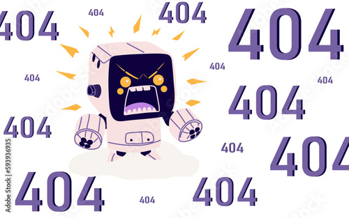 404 error page design. Web site problem, failure, website access denied concept. Unavailable webpage, inaccessible network mistake. Flat graphic vector illustration isolated on white background