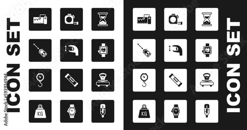 Set Old hourglass with sand, Approximate measurements, Laser distance measurer, Measuring instrument, Smart watch, Roulette construction, Scales and Hand scale spring mechanical icon. Vector