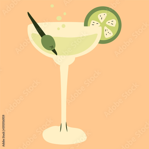 Dry martini cocktail . Vector illustration of alcohol cocktail drink. Classical drink in martini glass with green olive