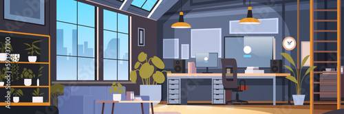 creative empty no people apartment modern loft interior of open space home office with furniture for corporate or freelance work