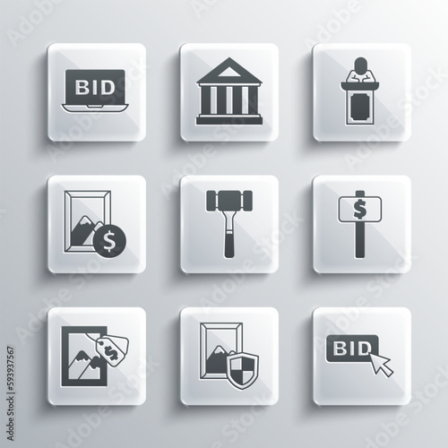 Set Auction painting, Bid, Hand holding auction paddle, hammer, Online and auctioneer sells icon. Vector