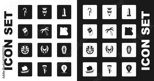 Set Obelisk of Alexandria, Tropical palm tree, Nefertiti, Crook, Map Egypt, Egyptian vase, mummy in sarcophagus and pharaoh icon. Vector