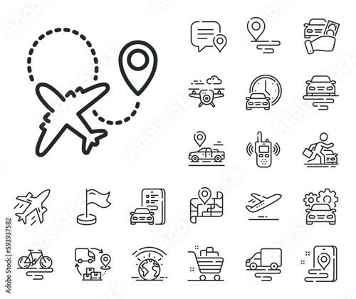 Plane flight transport sign. Plane, supply chain and place location outline icons. Airplane line icon. Aircraft symbol. Airplane line sign. Taxi transport, rent a bike icon. Travel map. Vector