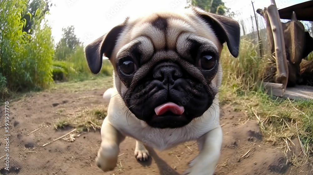 pug funny running to you shot on go pro in nature