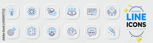 Target, Share idea and Fake news line icons for web app. Pack of Magistrates court, Rule, Technical info pictogram icons. Statistics, Idea, Execute signs. Chemistry pipette, Meeting, Safe time. Vector