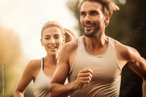 Couple running in summer. Generative AI
