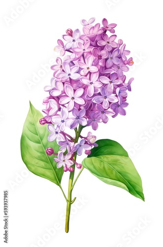 Watercolor illustration of a beautiful lilac branch isolated on white background. Branch of lilac with purple flowers and green leaves. Generative AI.