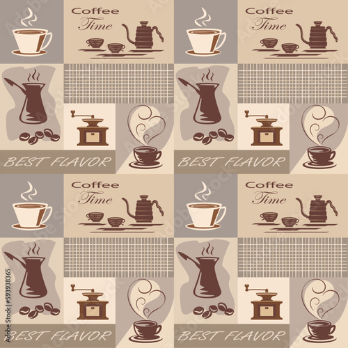 Coffee seamless vector background, tablecloth design, coffee shop decoration, wallpaper, wrapping paper.