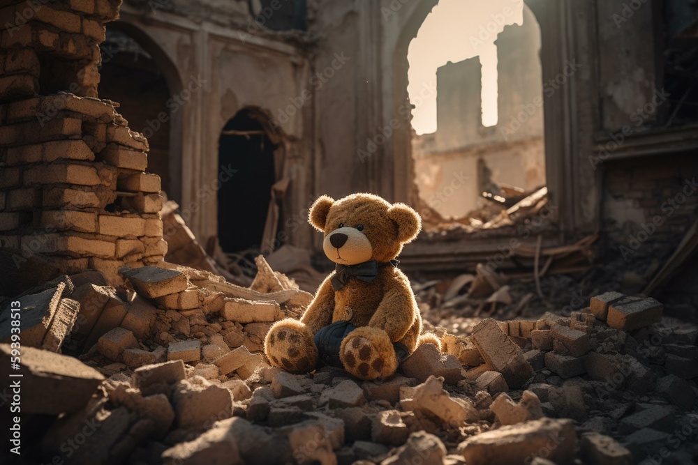 Teddy bear abandoned in the middle of the ruins of a building ...