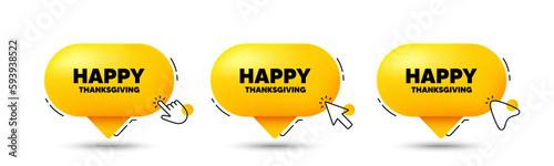 Happy thanksgiving tag. Click here buttons. Happy family holiday message. Autumn thank you day. Happy thanksgiving speech bubble chat message. Talk box infographics. Vector