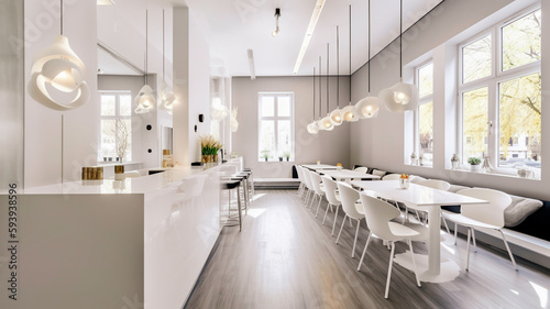 A beautiful white cafe restaurant interior, created using generative ai tools 