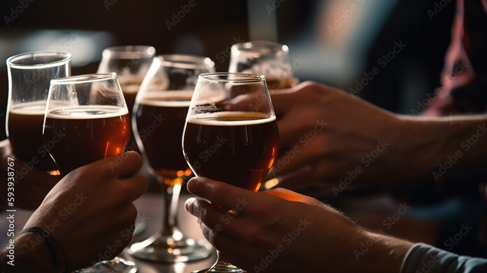 Beer Glasses, People hands toasting at brewery pub, happy hour at the bar party - Social gathering party time concept