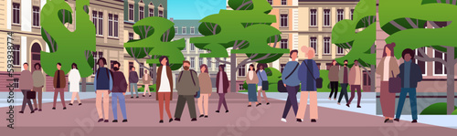 multiethnic people group walking outdoor mix race men women citizens crowd going along city street cityscape