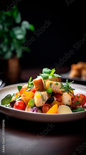 Salad with breadcrumbs, tomatoes and herbs on a white plate.