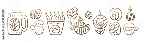 Coffee plant linear set logo. Vector emblem coffee tree. Icon of coffee tree branch with grains, cup with drink. Abstract badge for design of natural products, coffee shop, for cafe, bar, shop, botany