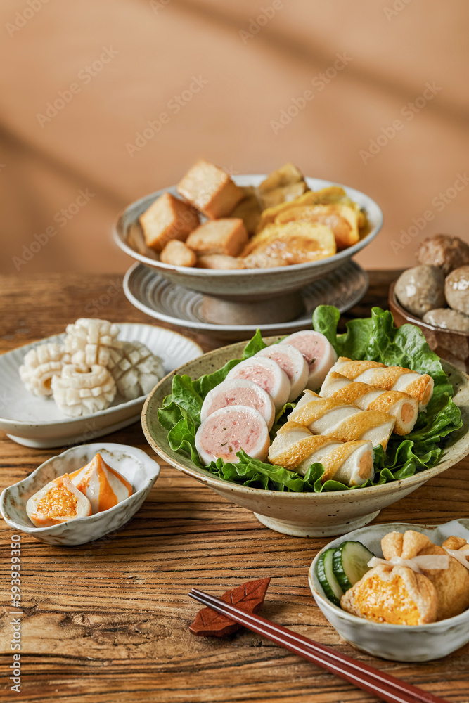 Vegetables and meat needed to make Chinese hot pot, traditional Chinese food