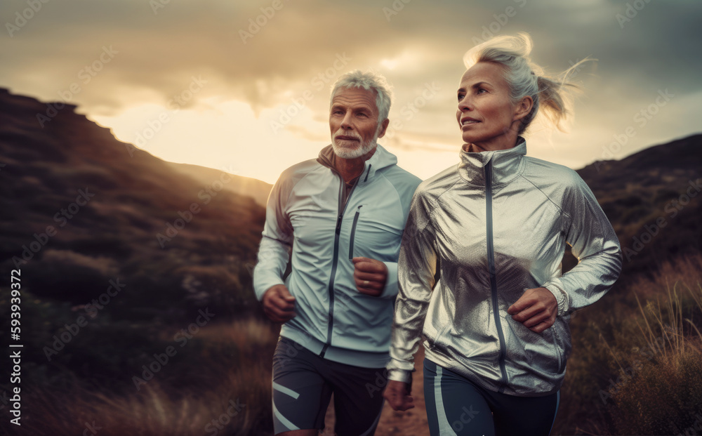 sporty senior couple jogging on mountain. generative ai.