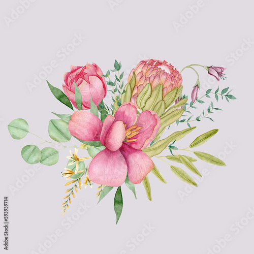 Ilustração floral jardim romântico rosa com peônia e tulipa