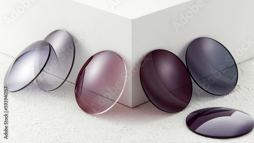 Lenses of glasses, sunglasses lenses of various colors, glass optical lenses taken separately, brochure pictures