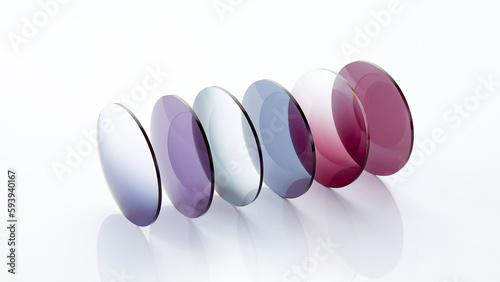 Lenses of glasses, sunglasses lenses of various colors, glass optical lenses taken separately, brochure pictures