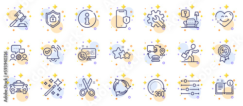 Outline set of Stars, 360 degrees and Notification received line icons for web app. Include Cut, Manual, 5g technology pictogram icons. Smile face, Engineering team, Auction hammer signs. Vector