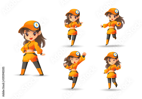 yellow jacket and cap hat woman Girl long hair Mascot Character Set	